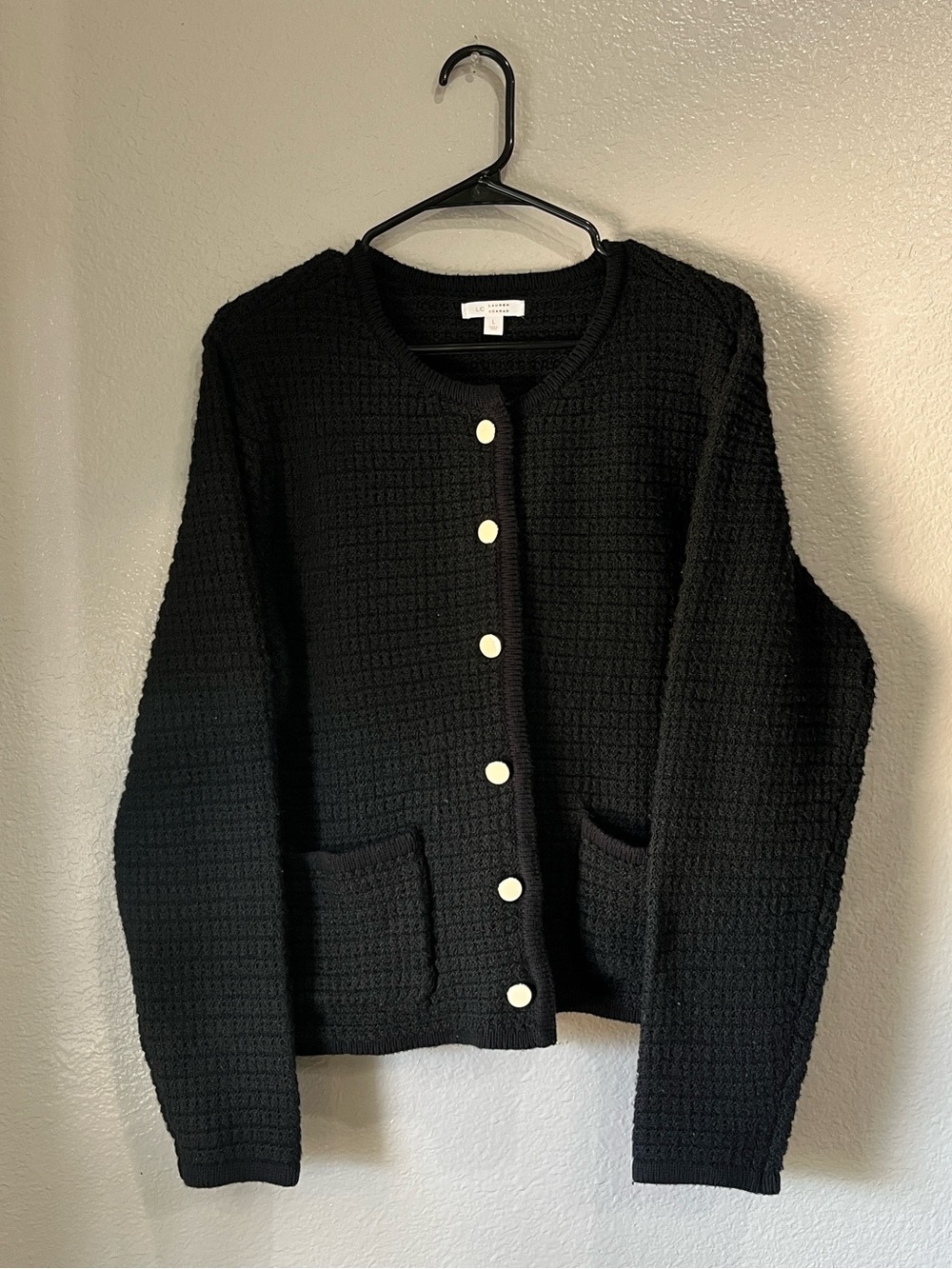 LC Lauren Conrad Black Textured Button-Front Cardigan Sz L Career Office TC0632